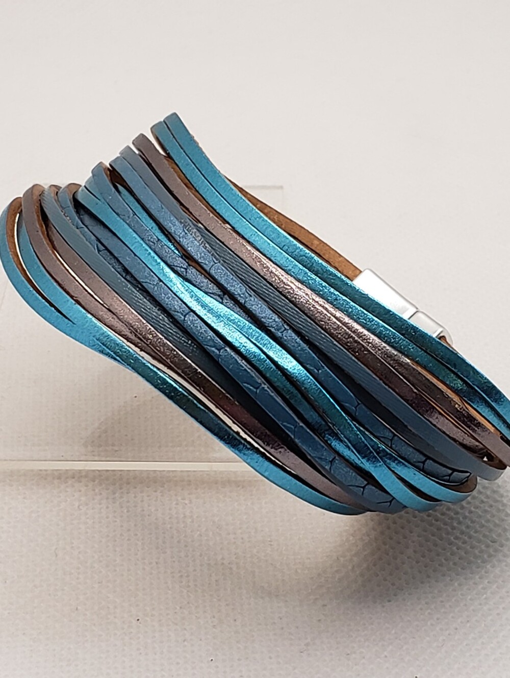 Multi-Strand Metallic Blue and Gray Leather Wrap Bracelet